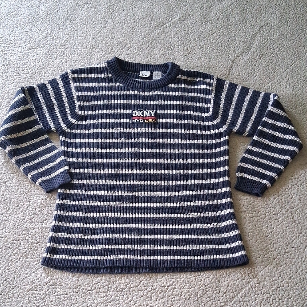 DKNY Vintage Navy and White Striped Sweater Medium